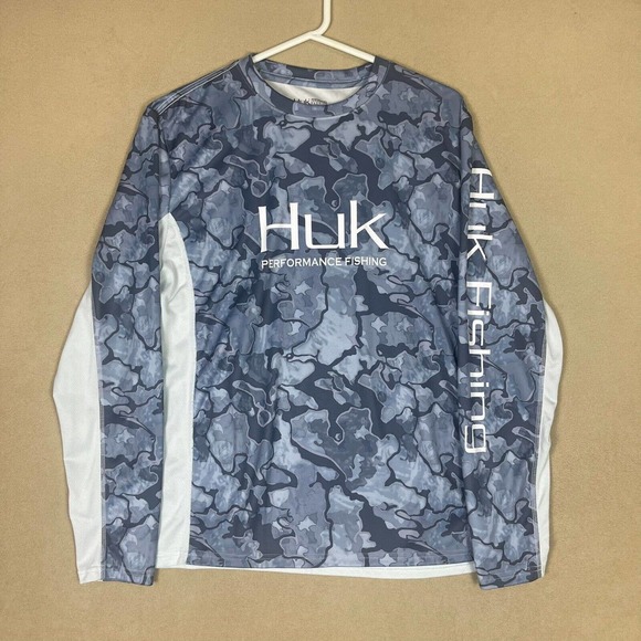 HUK Shirt Adult Large Gray Fishing Performance Beach Long Sleeve Crew Neck Mens - Picture 1 of 10